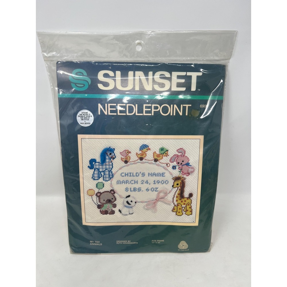 Vintage Sunset 6906 My Toy Animals Needlepoint Baby Birth Record Kit NEW